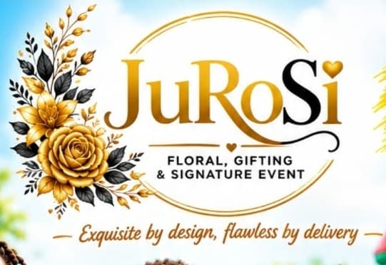 Original JuRoSi logo with golden roses, botanical crest and the signature Exquisite by design, flawless by delivery