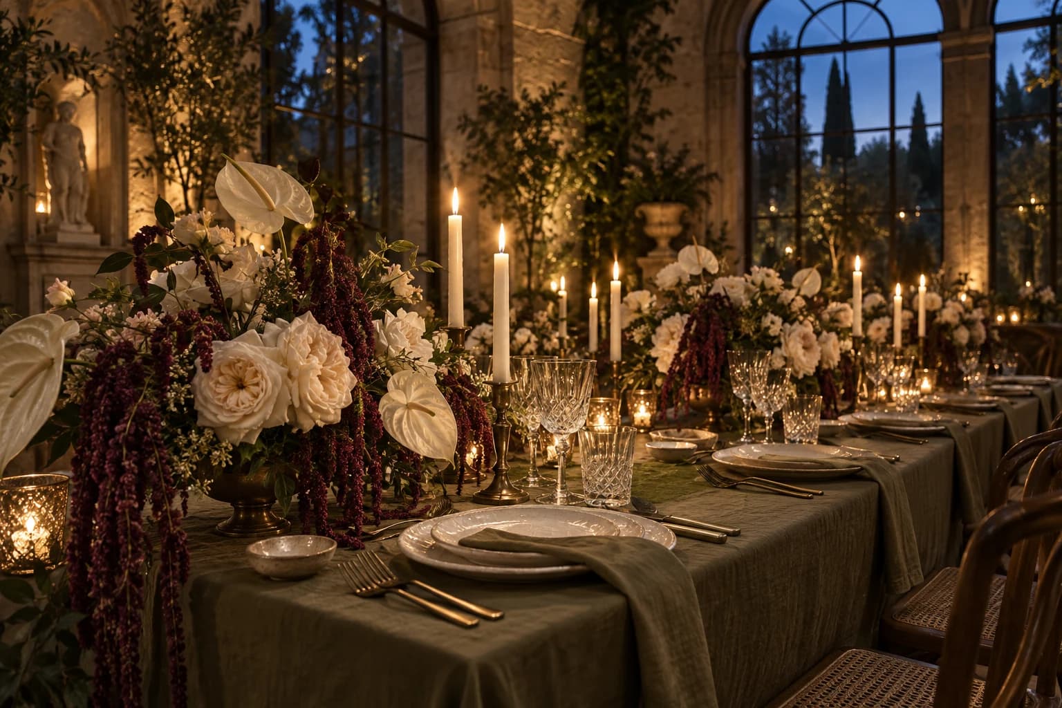 Candlelight and abundant florals at a considered celebration table