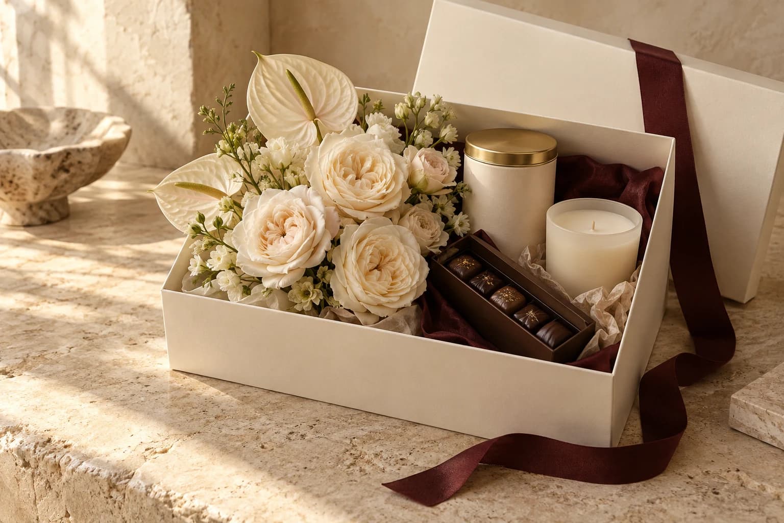 Open ivory gift box with ribbon, florals, tea, chocolate and candle