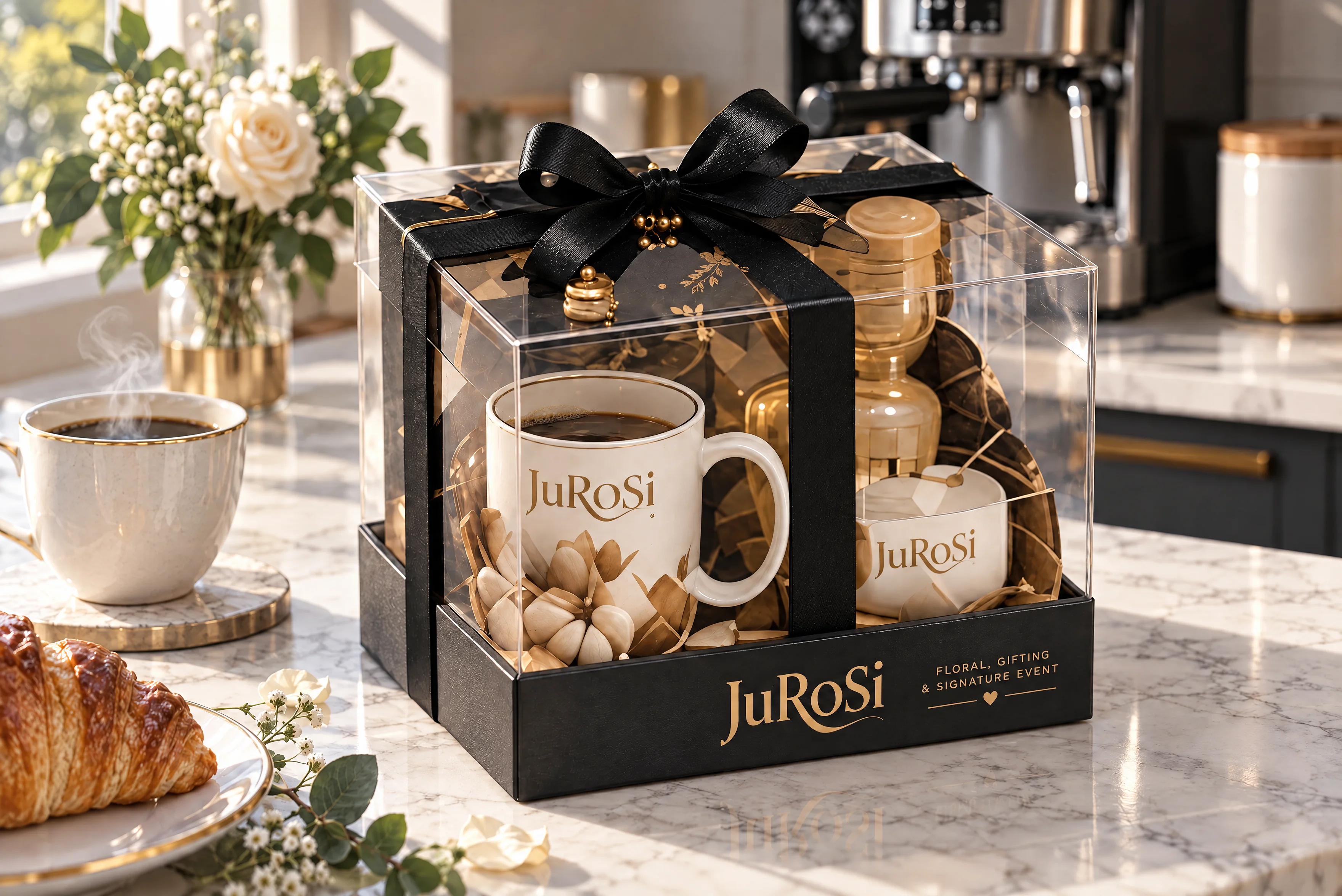A clear JuRoSi keepsake gift pack with a mug, gold treats and a black bow