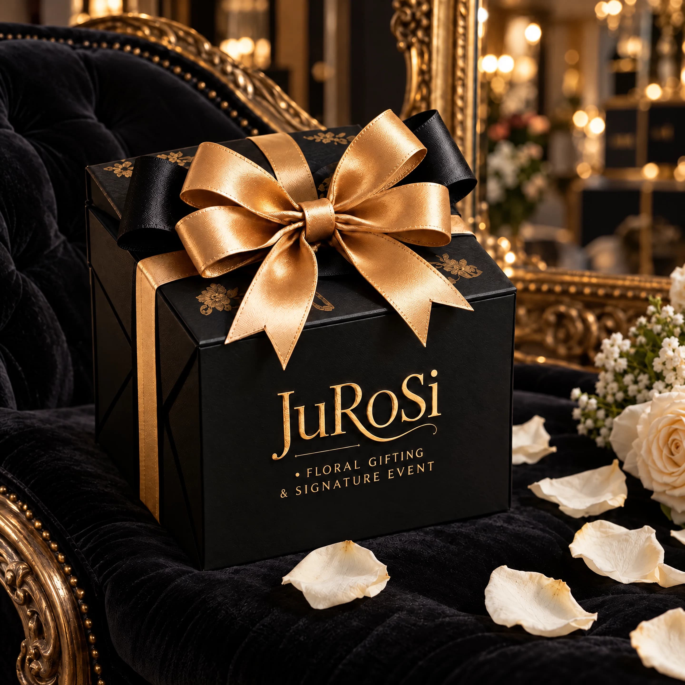 A black JuRoSi gift box tied with a gold satin bow