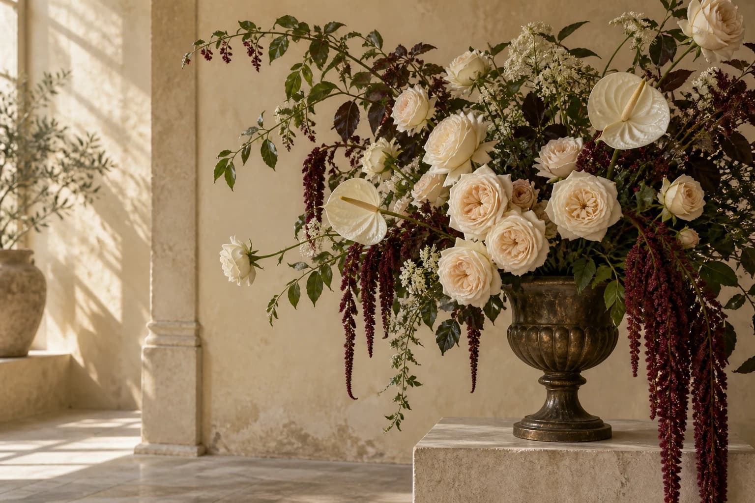 Ivory roses and anthurium with burgundy blooms in an antique urn